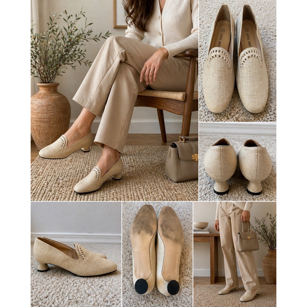 Anne Michelle Beige Woven Spool Heel Pumps Loafers Size 8 Minimalist Office Chic